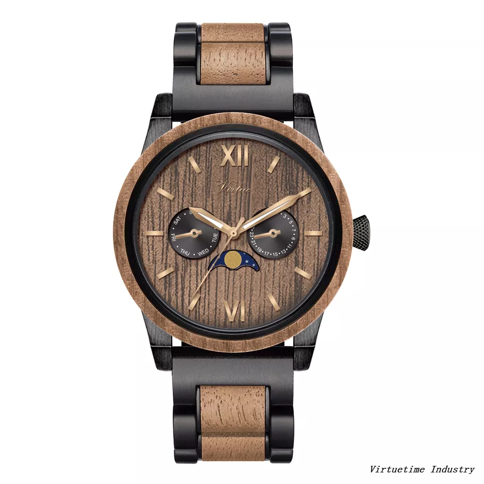 Men Stainless Steel Wooden Watches Luxury Wood Watches with Moon Phase Date Week Custom Logo 5ATM Quartz Watches