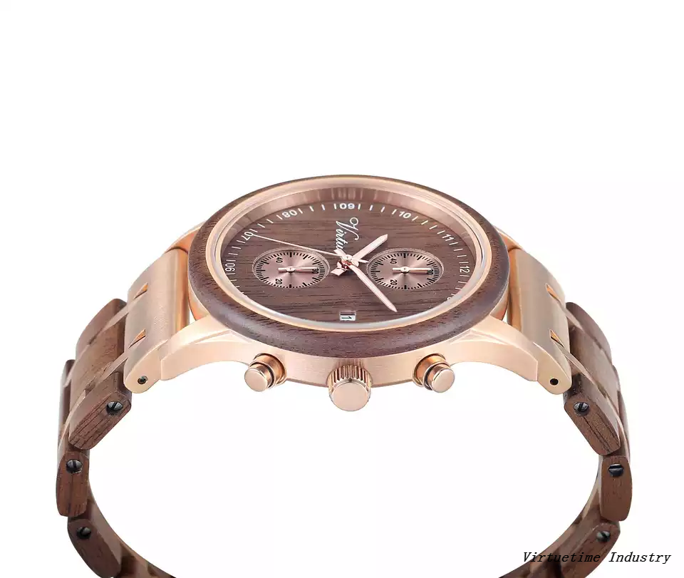 Men's Stainless Steel Wooden Watch Water Resistant Customization Logo Chronograph Quartz Wholesale Wood Watch Low MOQ