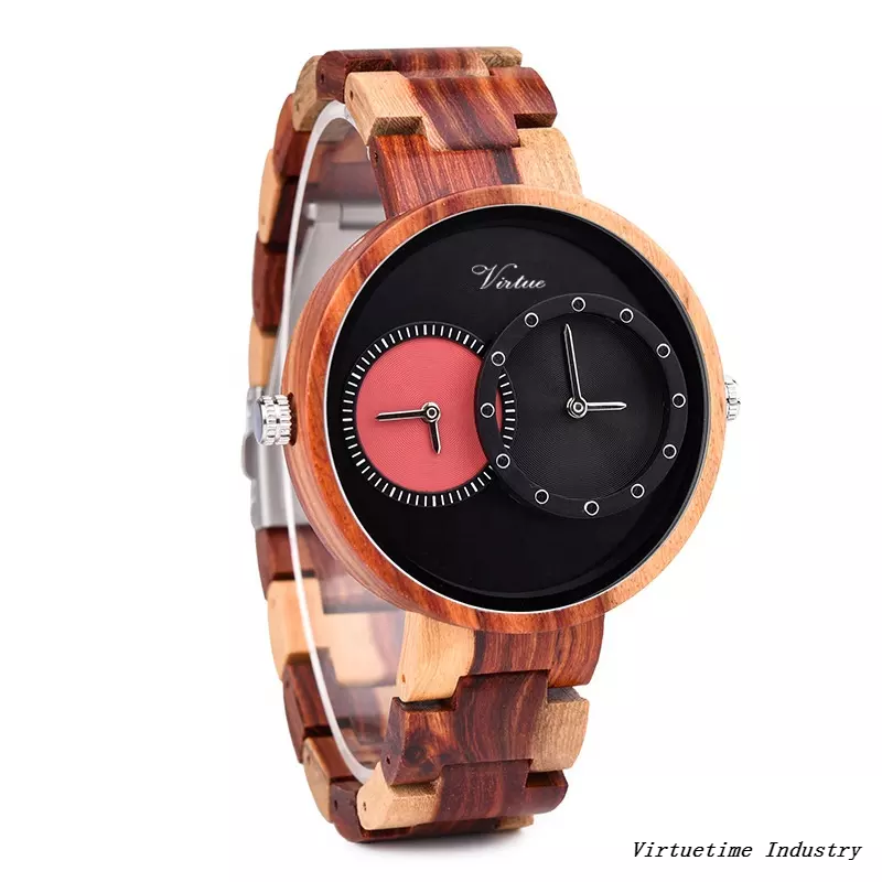 Handmade Colorful Wooden Watch with Luxury Dual Display Custom Brand Antique Japan Movt Quartz Watch