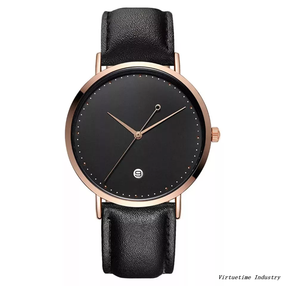 Custom Water Resistant Stainless Steel Quartz Watch with Leather Strap